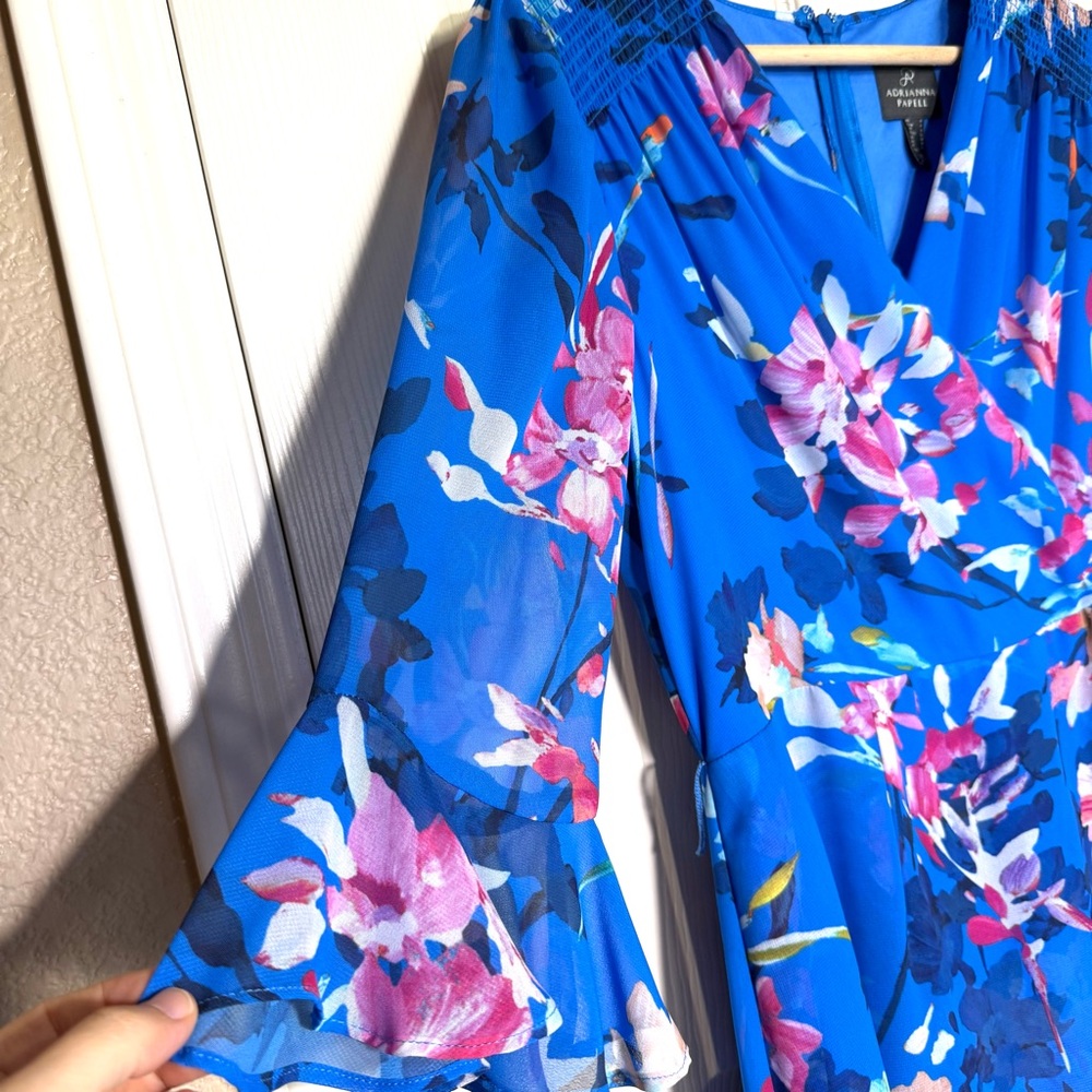Adrianna Papell Blue Floral Faux Wrap Y2K 90s Fairy Flowy Ruffle Dress Size 4 - Picture 5 of 12